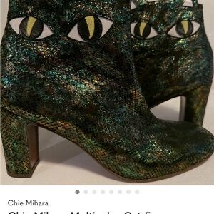 ISO Chie Mihara Iridescent Green Snake-Print Cat-Eye Ankle Boots size 35.5 or 36